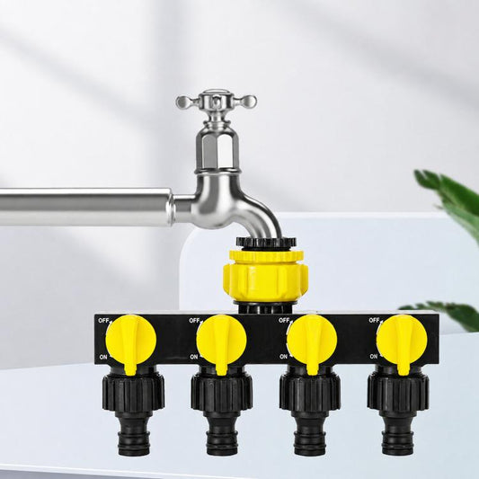 4-Way Water Tap Splitter With On-Off Switch 1 Inlet 4 Outlets Quick Connect Valve Connector
