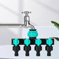 4-way water tap splitter with on-off valves, teal knobs and black quick-connect outlets