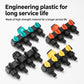 Set of 4-way quick-connect water splitter ends in orange, yellow, and teal with black fittings