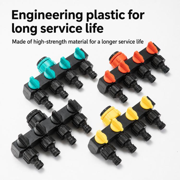 Set of 4-way quick-connect water splitter ends in orange, yellow, and teal with black fittings