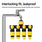 4-way water tap splitter attached to a faucet, yellow on-off valves on black manifold