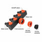 4-way water tap splitter diagram with orange on-off valves and multiple hose connector ends