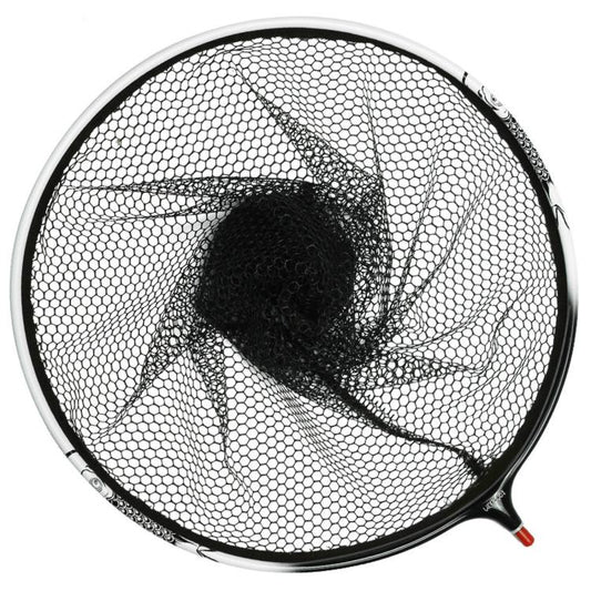 Round fishing landing net head with white mesh and black rim, rubber-coated