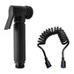 Black toilet sprayer with spiral hose and blue end connectors