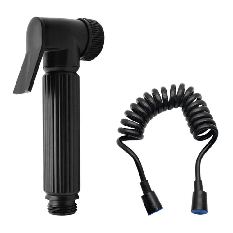 Black toilet sprayer with spiral hose and blue end connectors