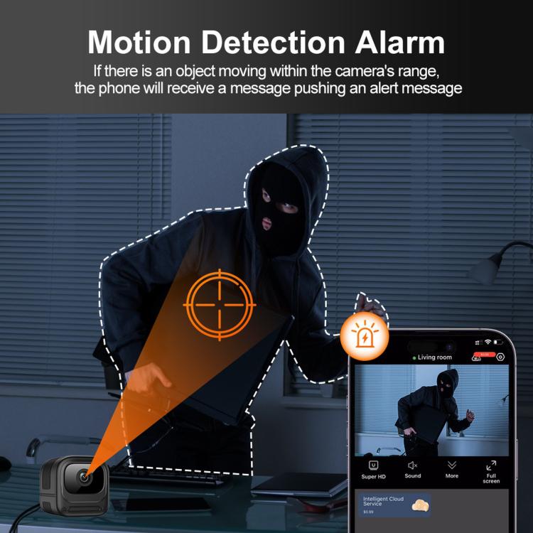 WiFi security camera with motion-alert phone notification and alarm icon