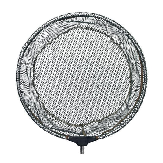 Foldable fishing landing net head featuring rubber-coated mesh in a dark frame