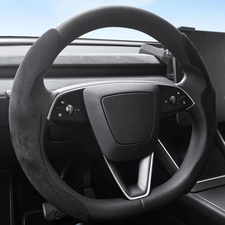 Dark gray steering wheel cover with textured suede-like surface