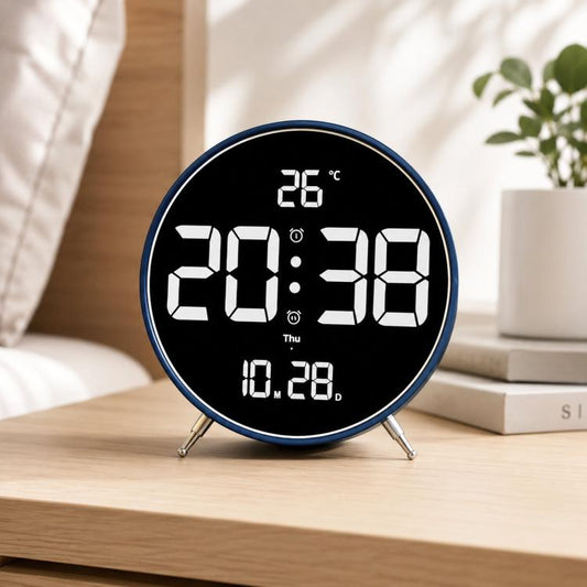 Blue LED digital alarm clock with round display, shows time, temperature, and date