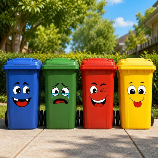 Set of 4 waterproof funny-face stickers on four colored trash cans
