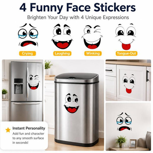 Funny-face sticker set on fridge doors and a trash can