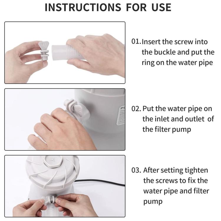 Pool filter pump usage steps showing attaching buckle and water pipe to inlet and outlet