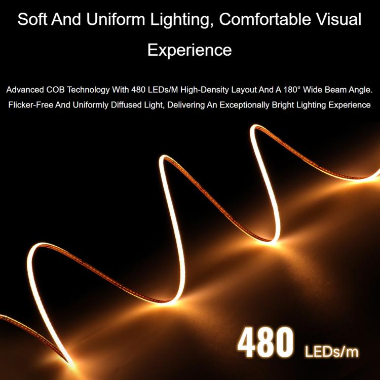 Waveshare 4000K DC 12V 5m 480 LEDs/m Single-Color COB Soft Light Strip No Light Spots Supports Free Cutting, 2mm Width, 4mm Width