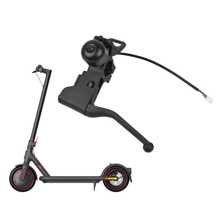Black electric scooter brake lever with bell and attached cable for handlebar