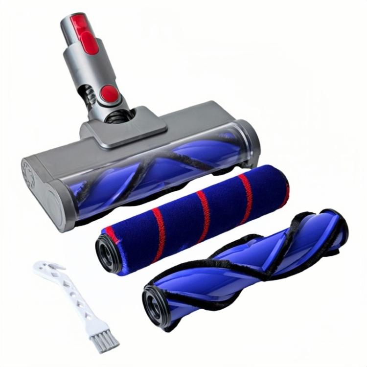 Dyson-compatible floor brush head kit with blue soft roller, V-shaped brush, and comb tool