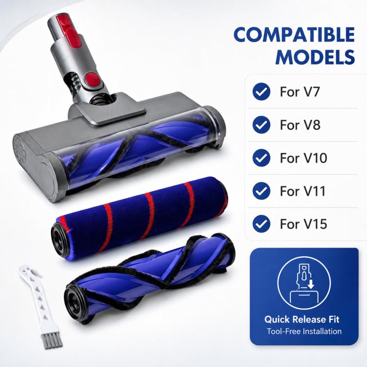 Floor vacuum brush head with blue roller, V-shaped brush, and accessory cleaning tool