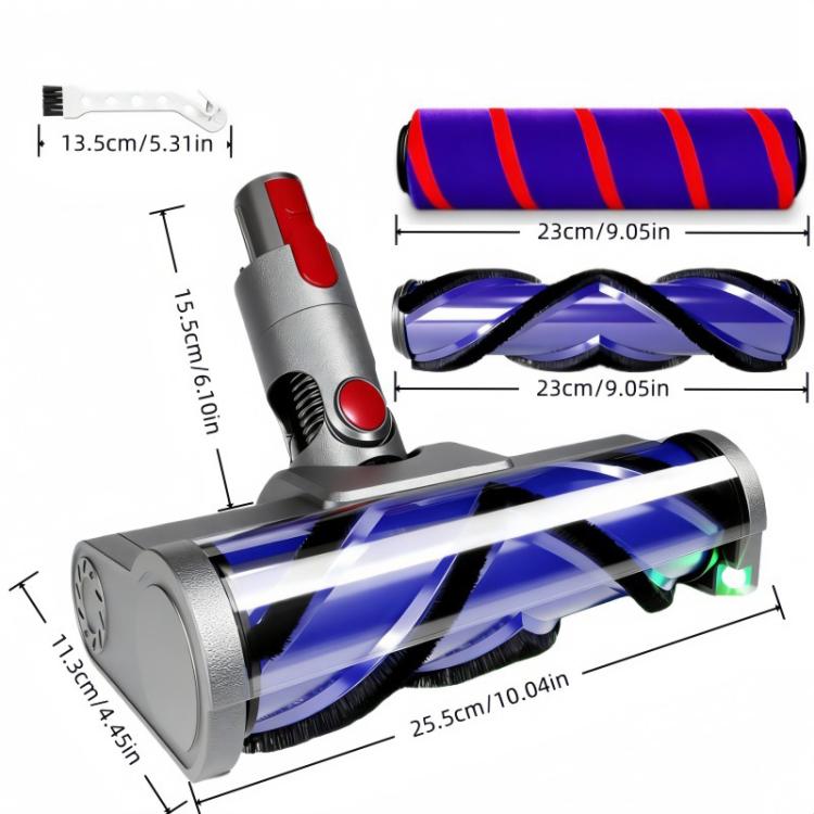 Grey vacuum floor brush head with blue clear nozzle, plus blue and red roller attachments
