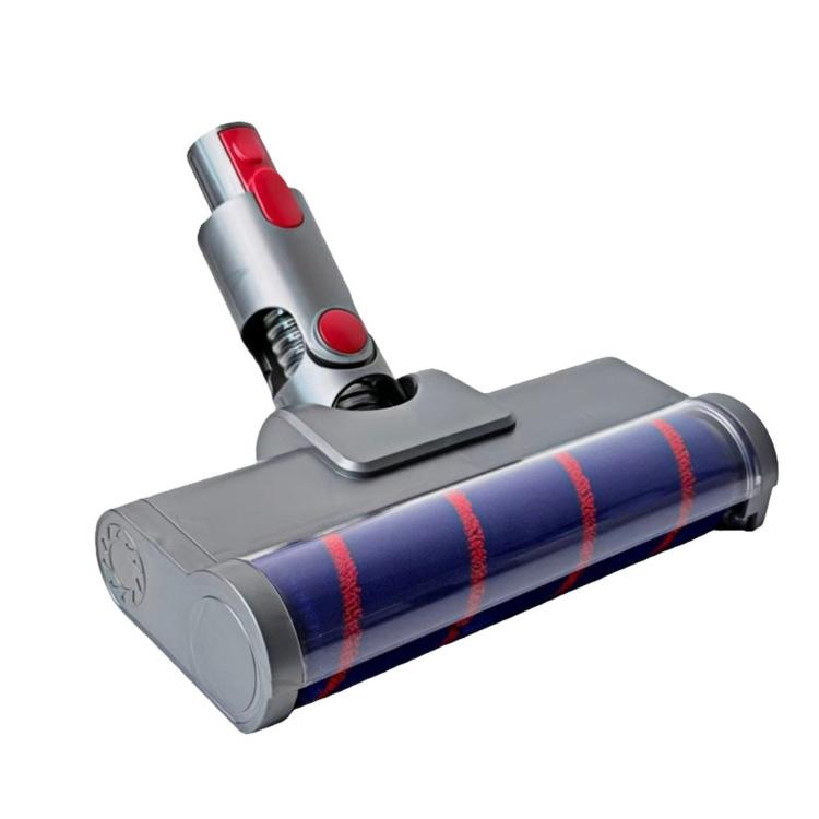 Grey vacuum floor brush head with blue striped soft roller drum