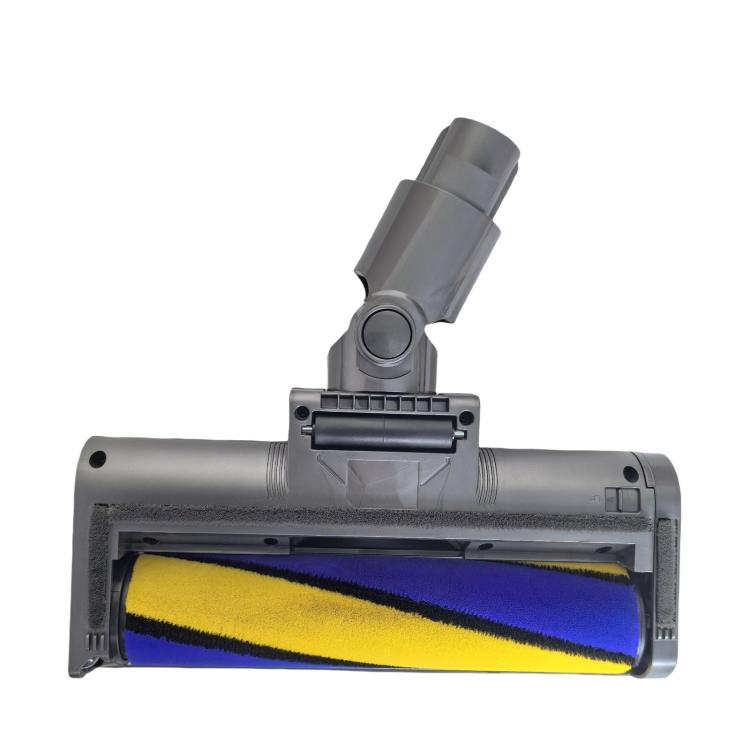 Vacuum floor tool with exposed yellow-and-blue roller inside gray housing