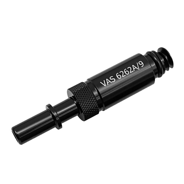 Black oil filling connector tool with side stem, knurled center, VAS 6262A/9