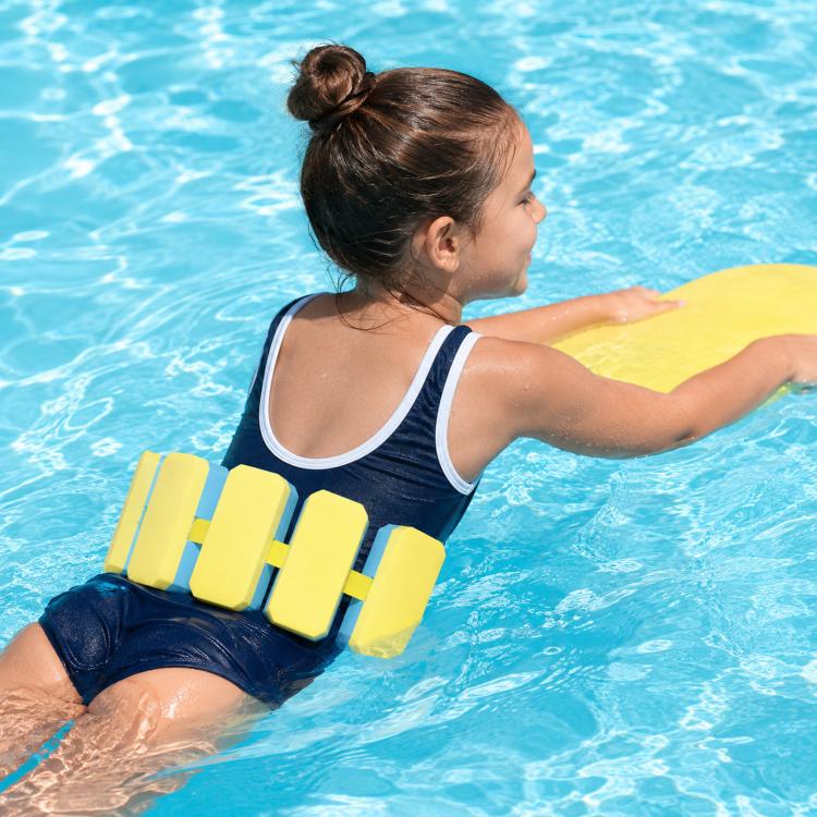 Swimming waist belt with back float board, yellow-and-blue foam blocks