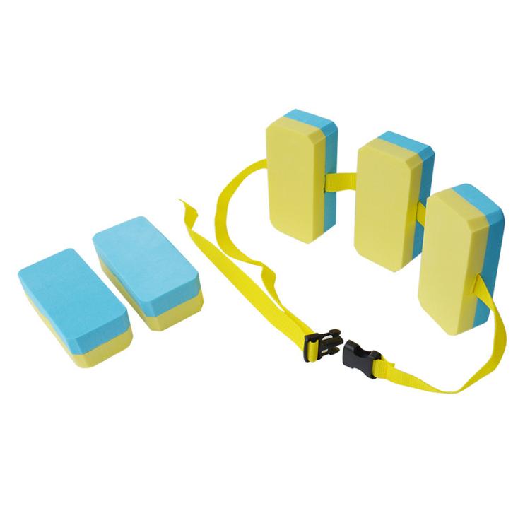 Swimming waist belt with back float board, yellow foam blocks and blue strap