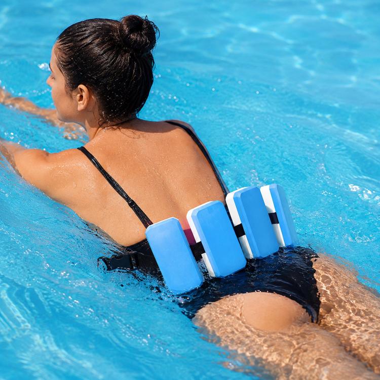 Swimming waist belt with back float board, blue and white foam blocks