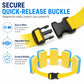 Swimming waist belt with back float board, yellow strap with quick-release black buckle