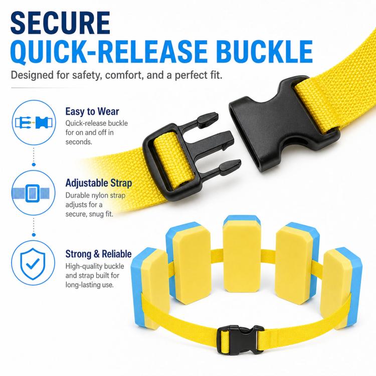 Swimming waist belt with back float board, yellow strap with quick-release black buckle