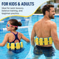 Swimming waist belt with back float board, yellow-and-blue foam blocks on two swimmers