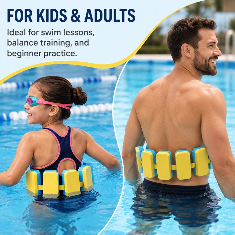 Swimming waist belt with back float board, yellow-and-blue foam blocks on two swimmers