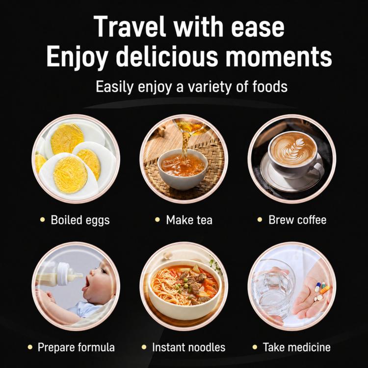 Car kettle travel use icons for boiled eggs, tea, coffee, noodles, and more