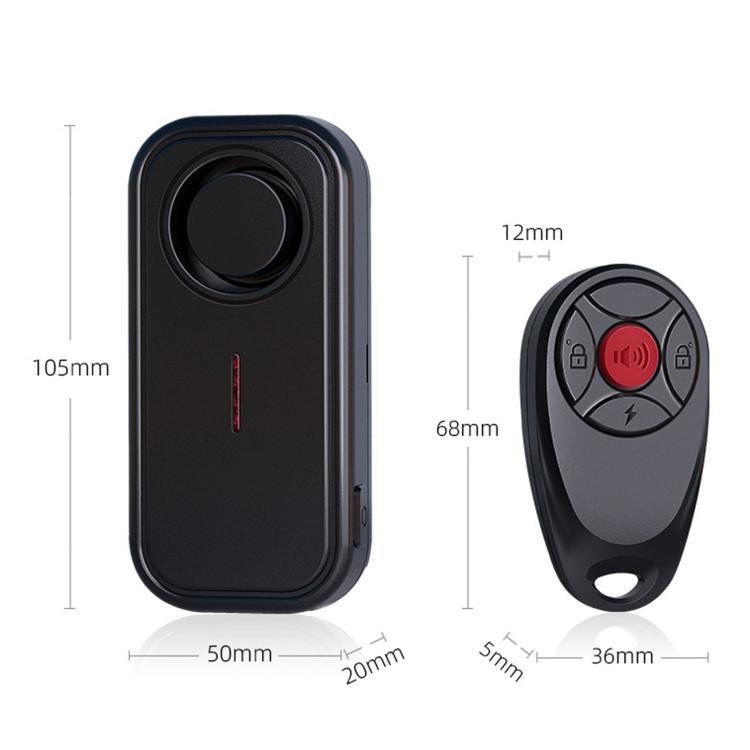 Black wireless vibration alarm host with key fob remote control, shown front and back