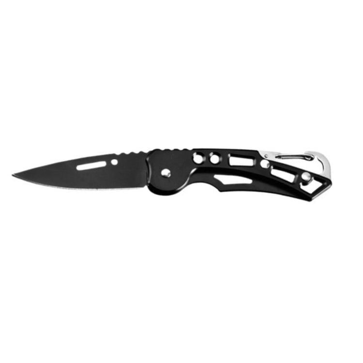 Open black folding knife with pointed blade and keychain ring