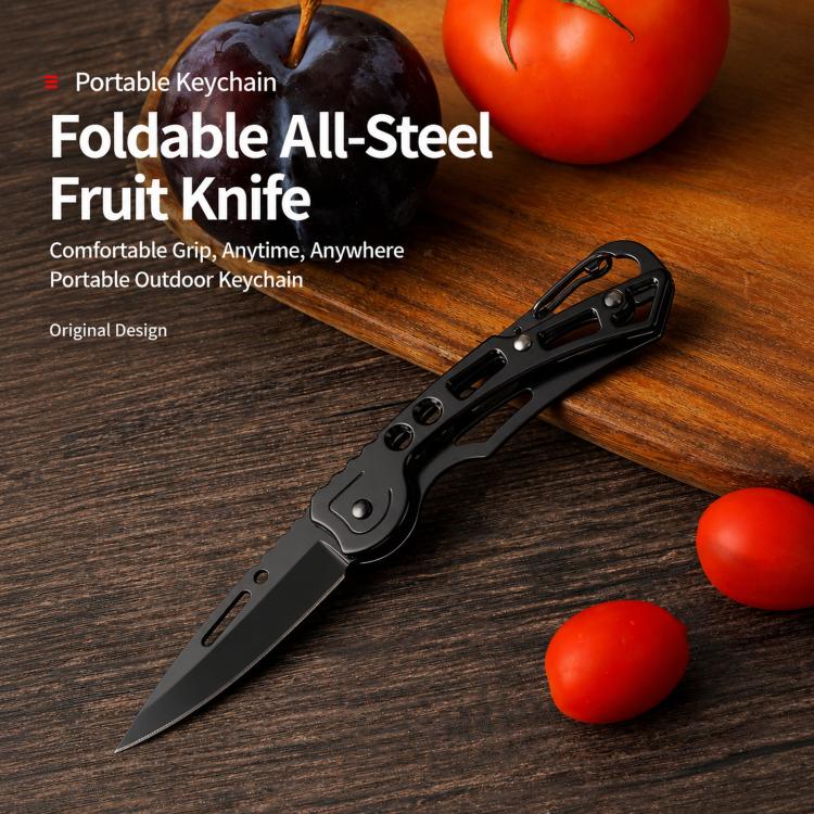 Black folding utility fruit knife with keyring, compact design