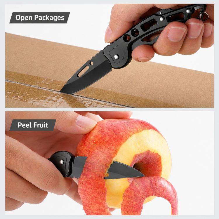 Black folding knife using blade to peel and cut fruit, held by hand