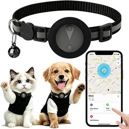 Black reflective GPS pet tracker collar with breakaway buckle and bell on pets