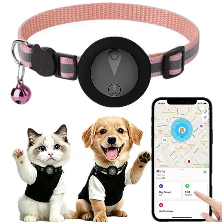 Pink reflective GPS pet tracker collar with breakaway buckle and bell on pets