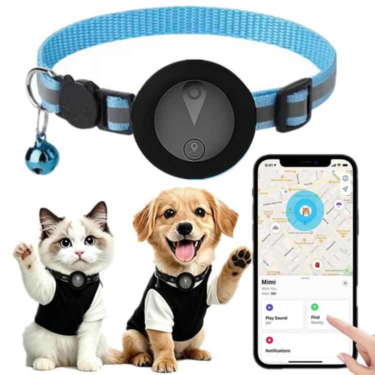 Sky blue reflective GPS pet tracker collar with breakaway buckle and bell on pets