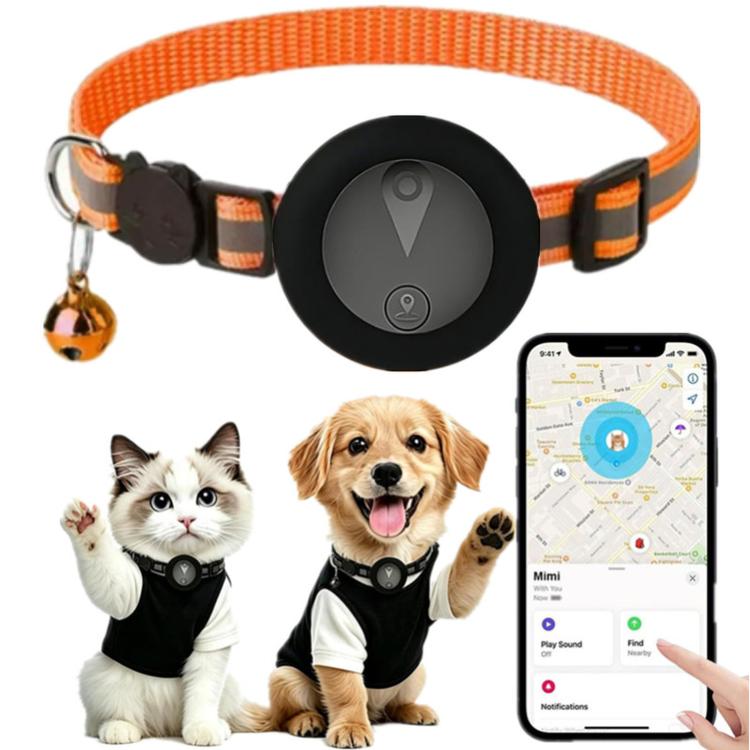 Orange reflective GPS pet tracker collar with breakaway buckle and bell on pets