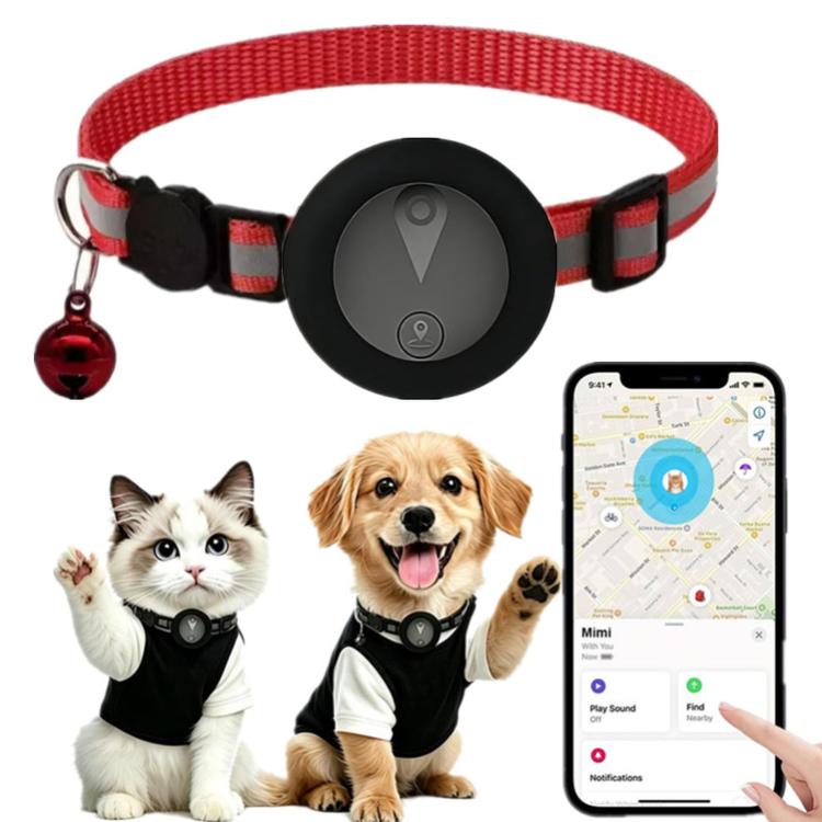 Red reflective GPS pet tracker collar with breakaway buckle and bell on pets