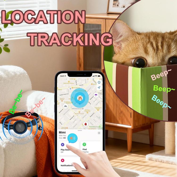Orange reflective GPS pet tracker collar on a cat with tracking phone display