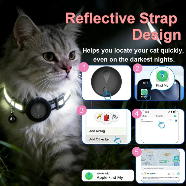 Cat GPS tracker collar with bell and reflective strap, worn by gray cat