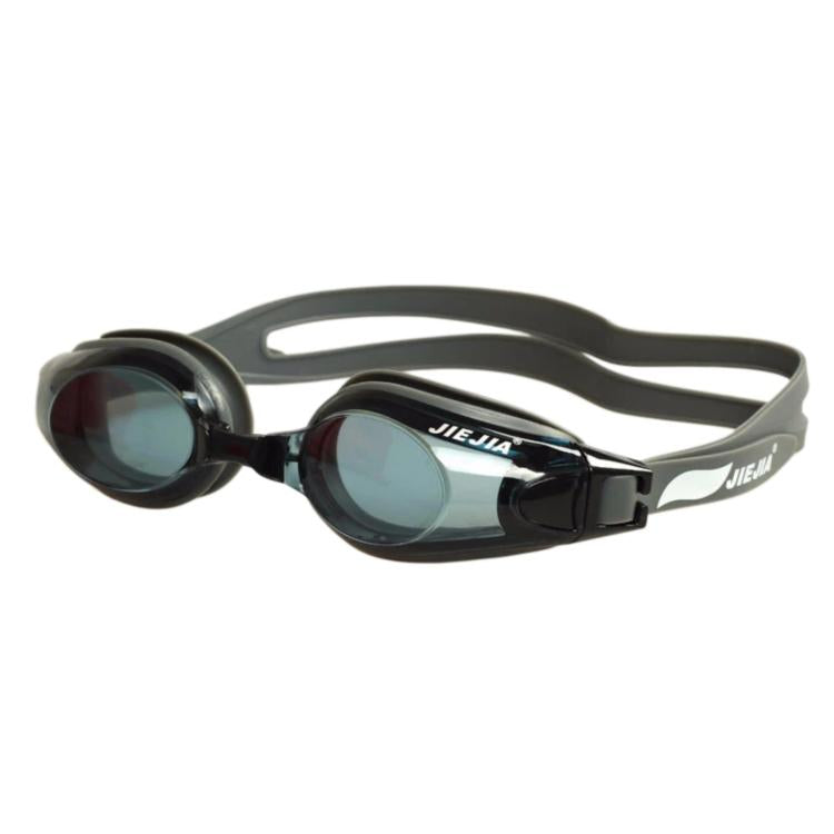 Gray swimming goggles with dark anti-fog lenses and contoured head strap