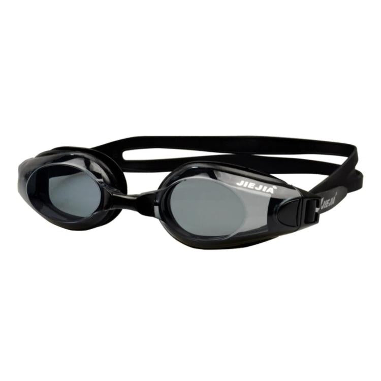 Black swimming goggles with dark anti-fog lenses and double-head strap