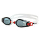 White swimming goggles with dark anti-fog lenses and red side accents