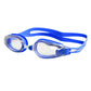 Blue swimming goggles with clear anti-fog lenses and transparent head strap