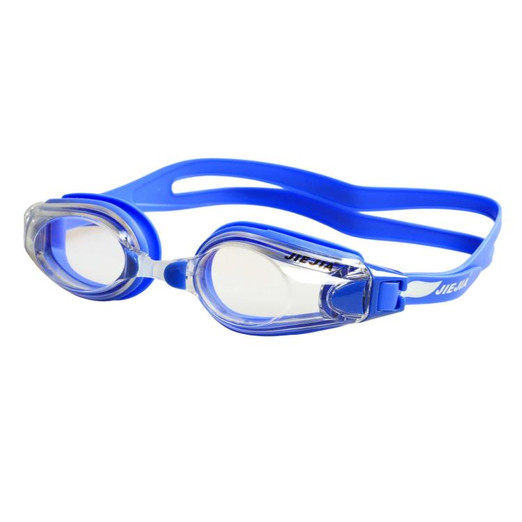 Blue swimming goggles with clear anti-fog lenses and transparent head strap