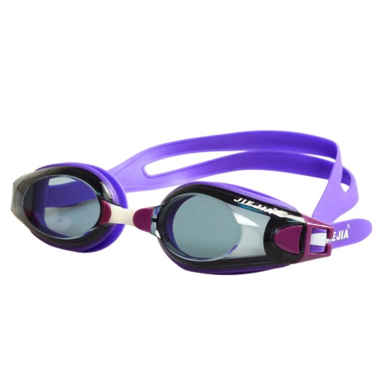 Purple swimming goggles with dark anti-fog lenses and curved head strap