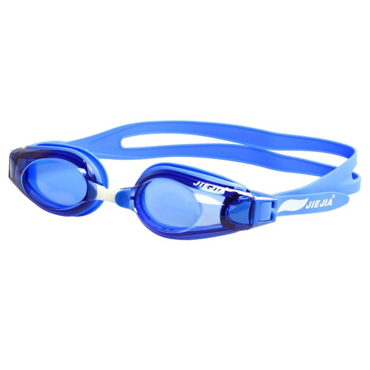 Light blue swimming goggles with clear anti-fog lenses and double head strap